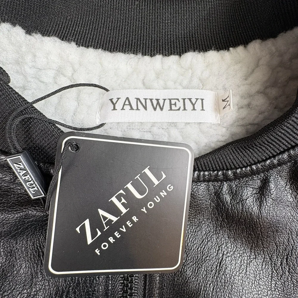 Zaful Yanweiyi‎ Jacket Women M Black White Faux Leather Sherpa Bomber Y2K Baddie - Picture 4 of 13